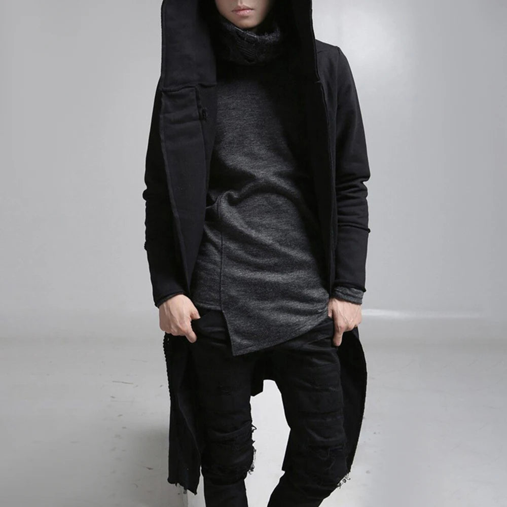 Mens Trench Coat Korean Style Dark Style Autumn And Winter Handsome Windbreaker Hip-Hop Mid-Length Trendy Mens Hooded Sweatshirt Street King Limited