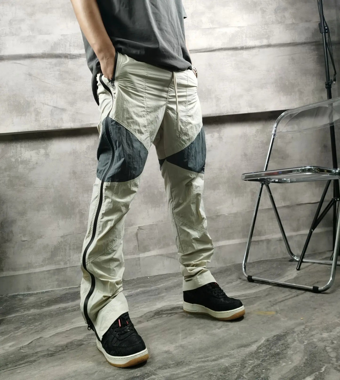 three dimensional adhesive zipper splicing functional patchwork cargo trousers mens high street vibe thin nylon cargo pants unique cargo style 938