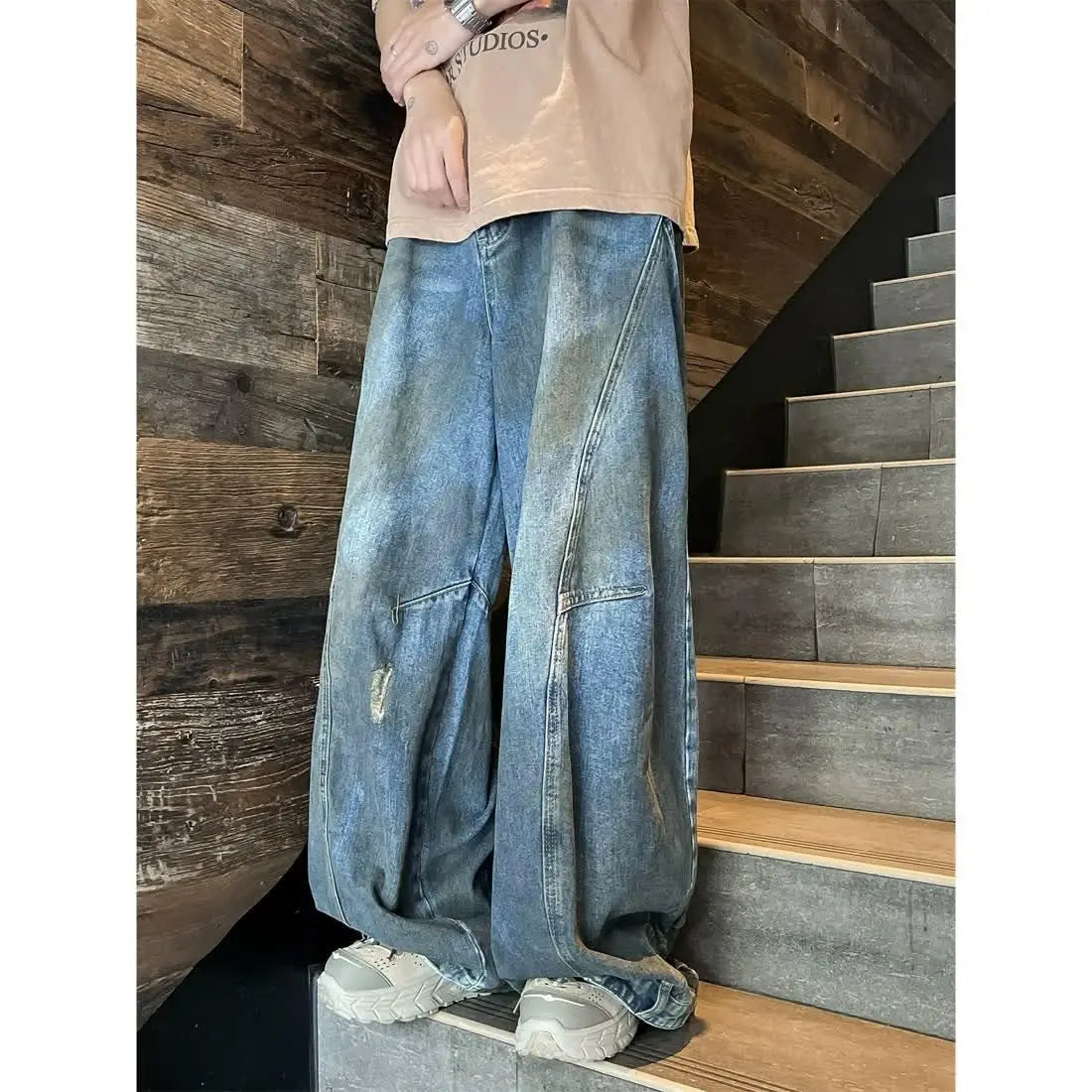 american style dirty and torn hole design straight leg wide leg jeans for men and women high street loose street casual pants urban skinny jeans