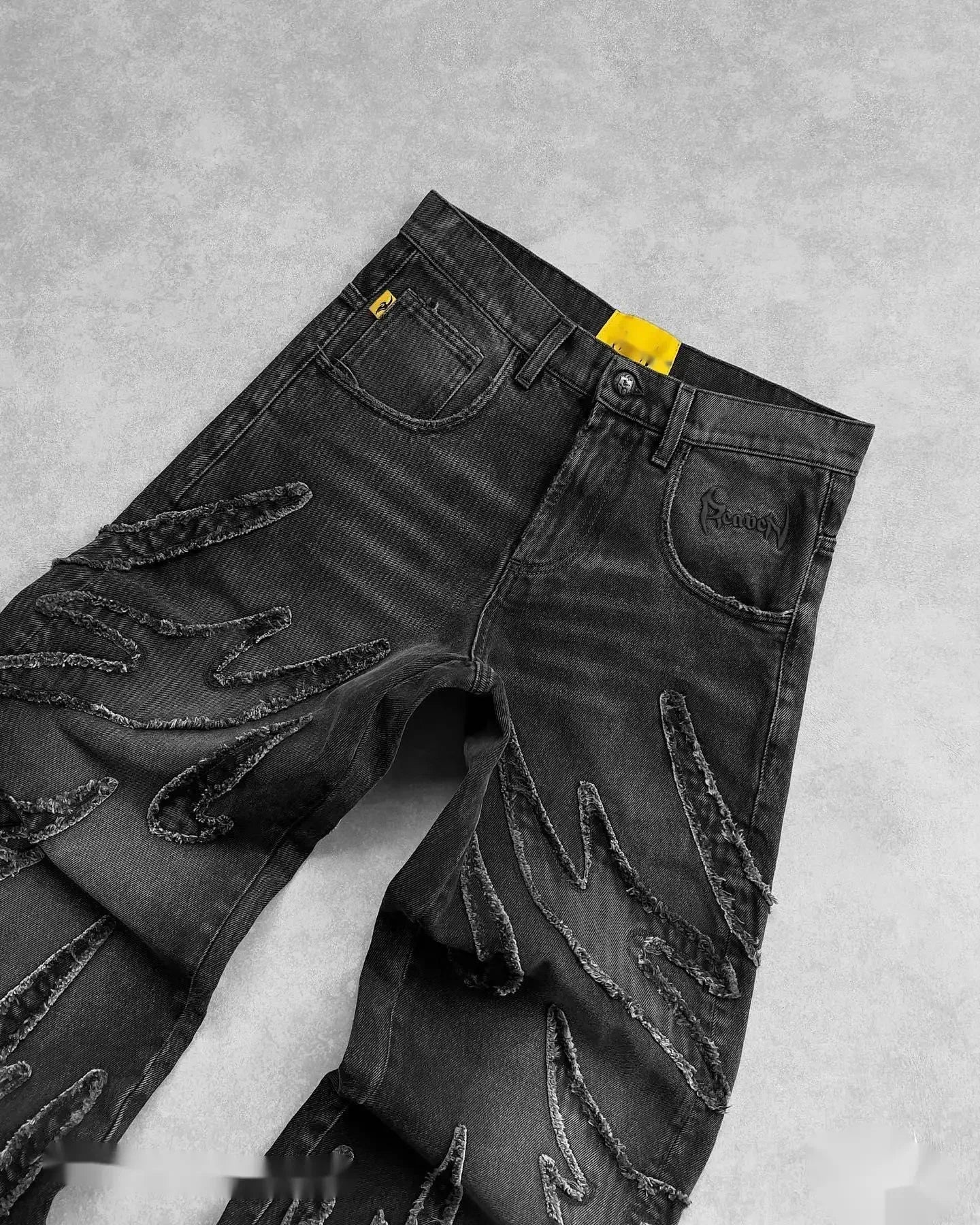 vintage y2k hip hop punk raw edge embroidery jeans black baggy jeans for men pattern patchwork high waisted denim pants unique jeans style 3915