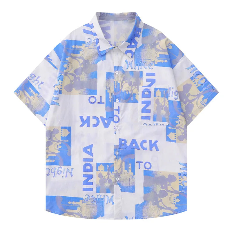 Men Short Sleeve Shirts American Street Graffiti Printed Blouses Hong Kong Style Retro Loose Casual Summer Tops Unisex Street King Limited