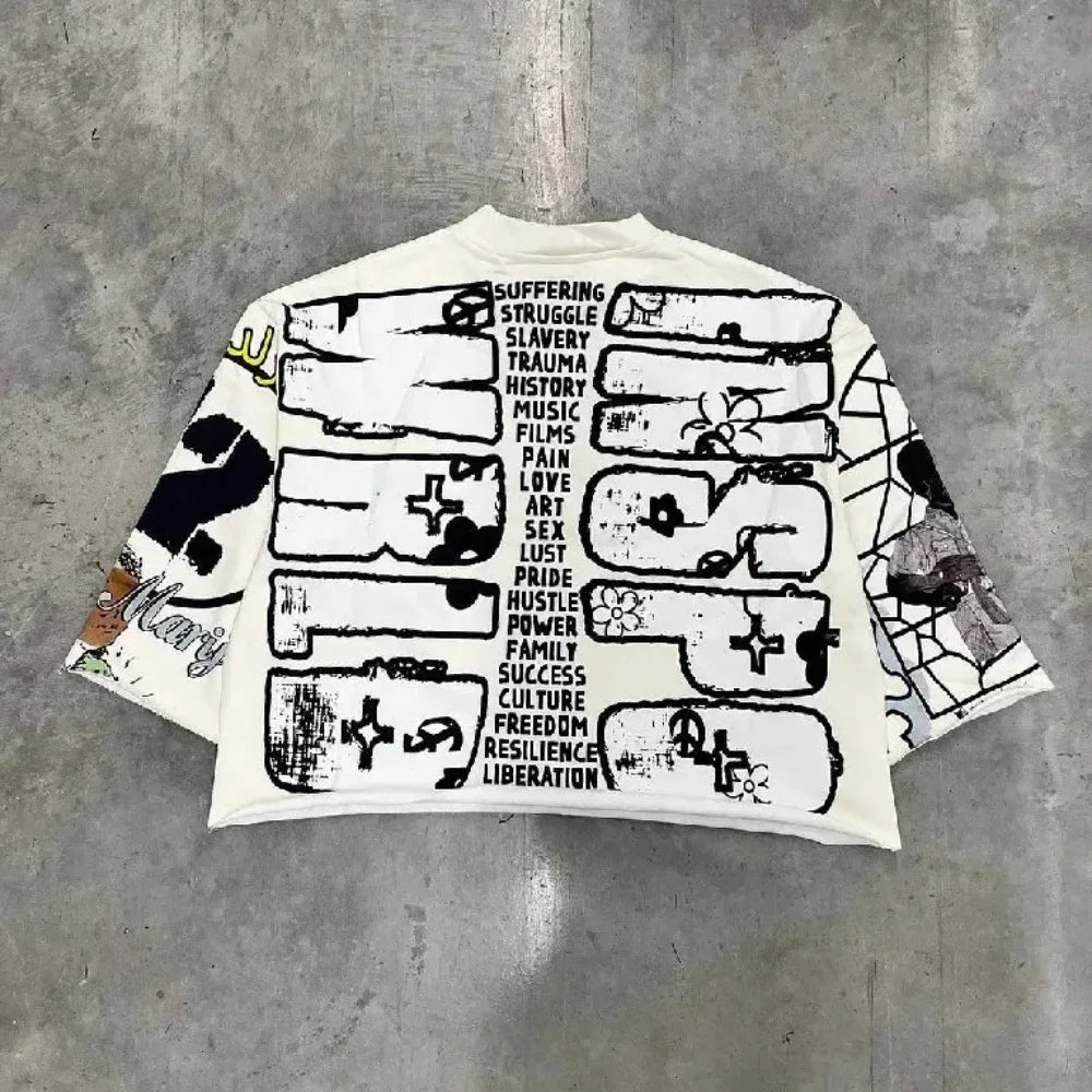Hip Hop Graffiti Y2K T Shirt Mid Long Sleeve Men Women Punk Style Graphic Printed Oversized T Shirt Harajuku Loose Short Sleeved Street King Limited