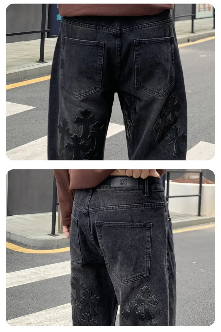 men embroidery streetwear brand fashion hip hop loose casual straight motorcycle denim jeans pant cityboy y2k jeans trousers unique jeans style 2373