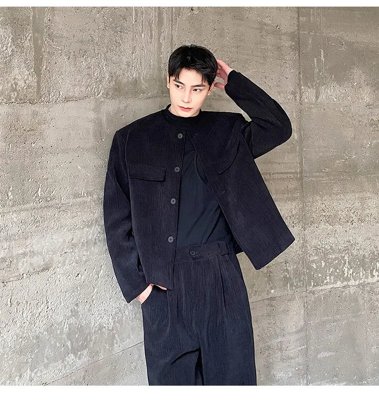 men 2 pieces sets corduroy short jacket wide leg pant suits korean streetwear fashion loose casual retro coat baggy trousers unique shorts style 2698