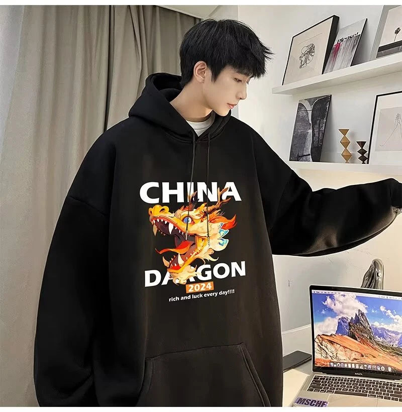2024 New China Dragon Graphic Hoodies Men Hip Hop Streetwear Hoodie Sweatshirt Harajuku Fleece Printed Pullover Hoody Clothes Street King Limited