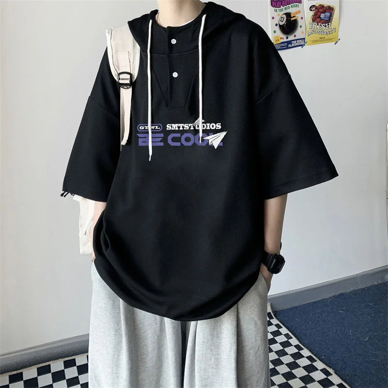 New Men's Casual Hooded Y2K T-Shirt Summer Short Sleeve Letter Printed T Shirts Hombre Oversized Hip Hop Fashion Gym Tee Tops Street King Limited