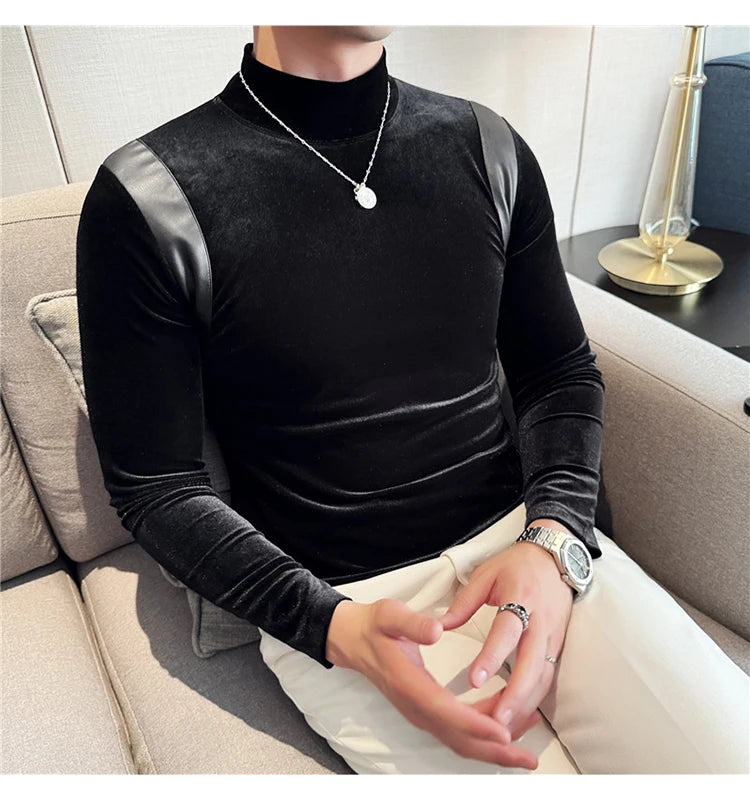 Turtleneck Stretch Slim-fit T-shirt Men Long Sleeve Thicken Elastic Velvet Retro Fashion Casual Tshirt Handsome Man T Shirts Street King Limited