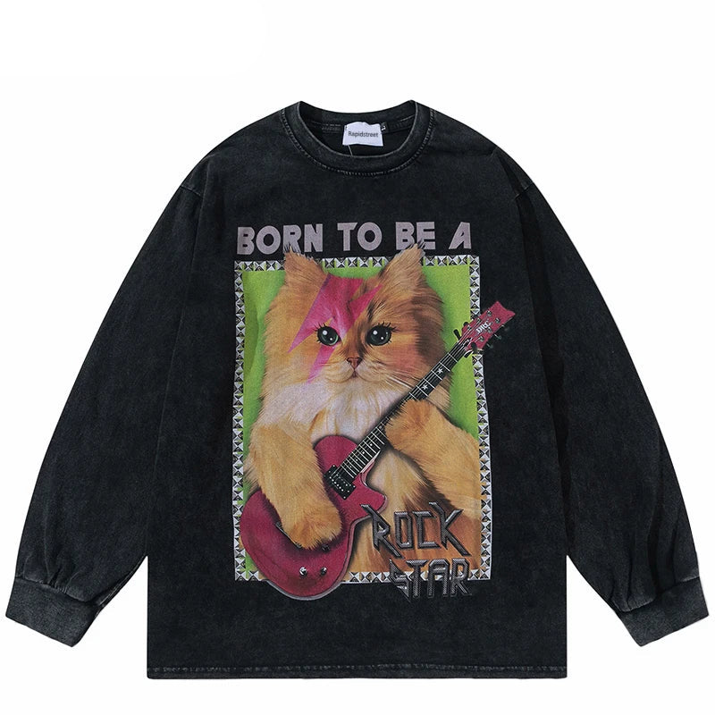 Hip Hop Long Sleeve Tshirt Streetwear Guitar Cat Graphic Printed Cotton Retro Washed T-Shirt Men Harajuku Punk Gothic Tee Shirts Street King Limited