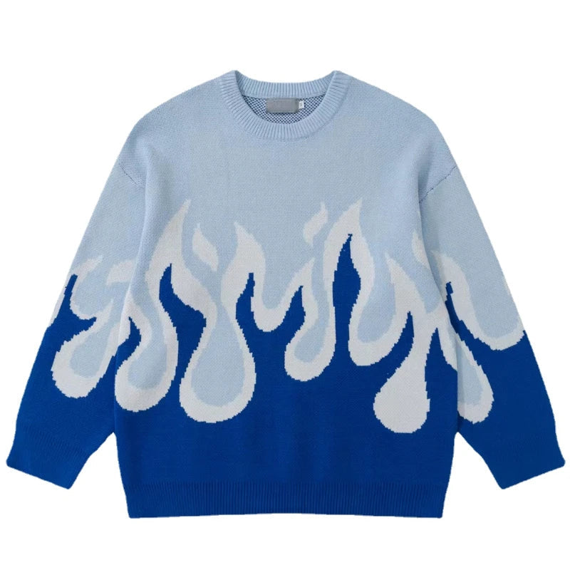 Hip Hop Fire Knitted Oversized Sweater Men Autumn Winter O-neck Long Sleeve Pullover Streetwear New Loose Tops Sweaters Clothing Street King Limited