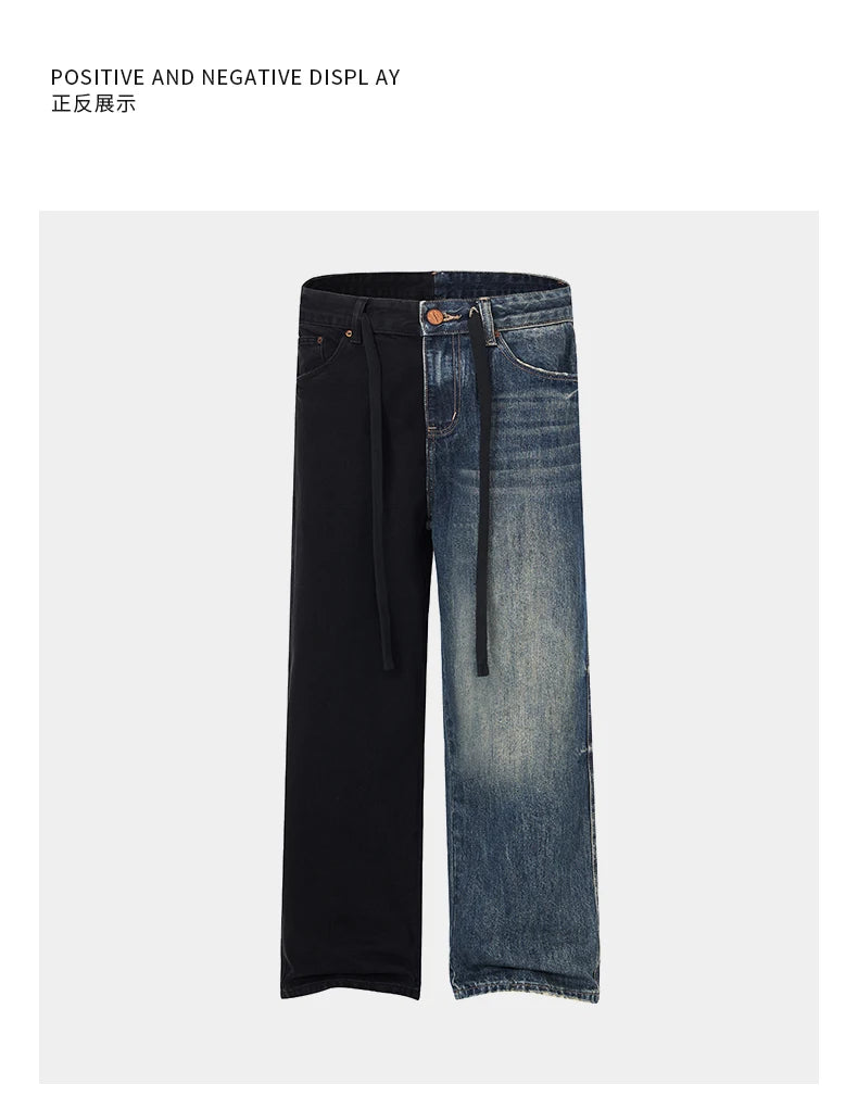 men streetwear fashion black blue splice hip hop loose casual wide leg straight baggy jeans pant cityboy jeans pants trousers unique jeans style 2529