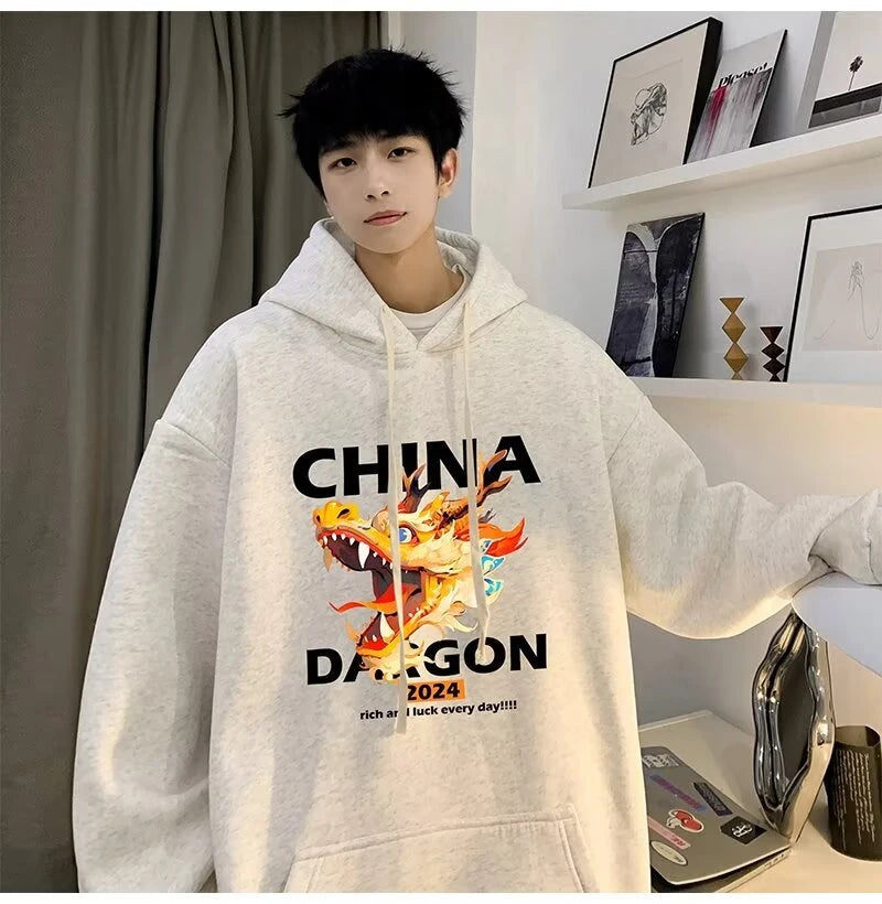 2024 New China Dragon Graphic Hoodies Men Hip Hop Streetwear Hoodie Sweatshirt Harajuku Fleece Printed Pullover Hoody Clothes Street King Limited