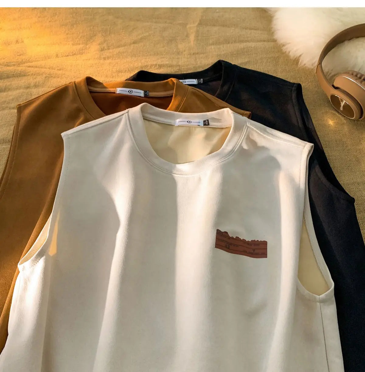 American sleeveless t-shirt vest men's trendy summer outer wear heavy suede ins loose waistcoat top men clothing mens t shirts Street King Limited