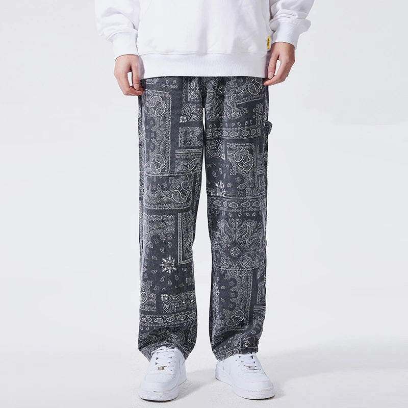 mens hip hop straight denim jeans pants fashion zipper paisley jeans streetwear casual loose trousers pants joggers baggy jeans relaxed fit joggers