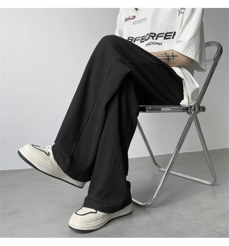 summer texture straight pants for men korean fashion baggy wide leg trousers casual drape pleated striped y2k pantalones hombre unique default style 490