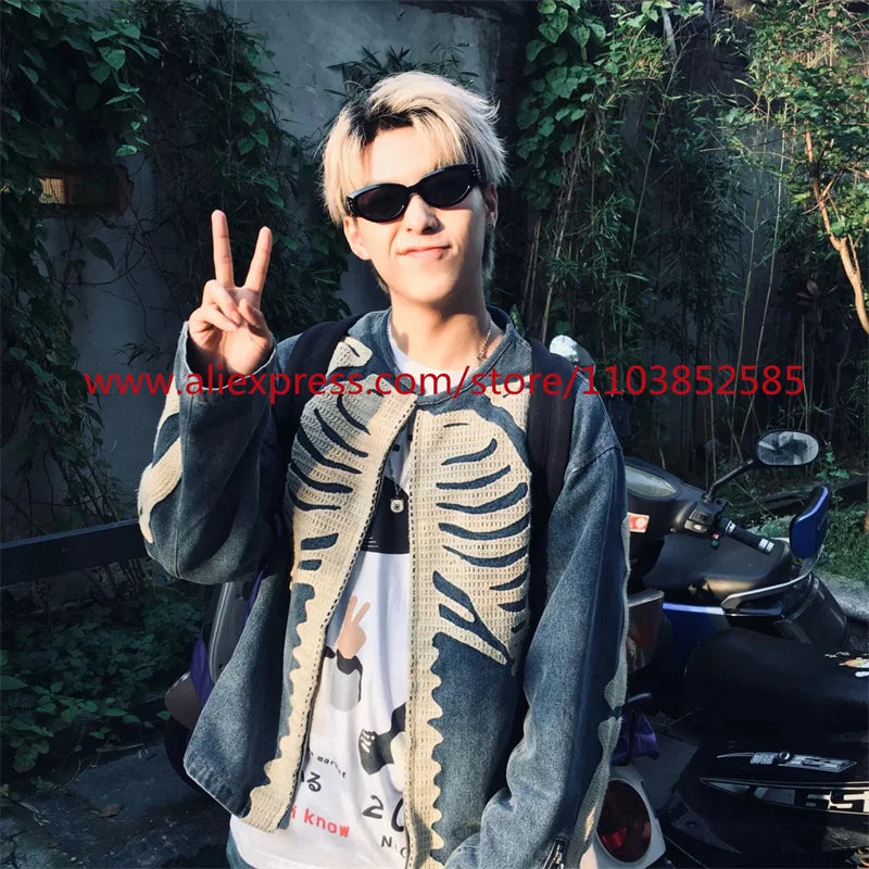 vintage mens long sleeved denim jacket high street oversized washed bone embedding tops clothing autumn winter 2024 heavyweight unique jeans style 1326