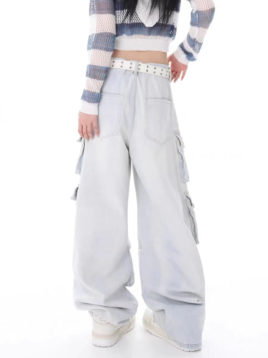 New street straight denim cargo pants overalls with multiple pockets casual wide leg mops jeans women y2k pants vintage clothes Street King Limited