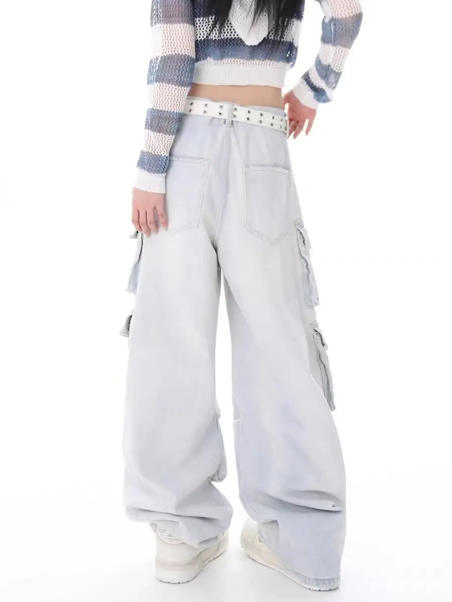 New street straight denim cargo pants overalls with multiple pockets casual wide leg mops jeans women y2k pants vintage clothes Street King Limited