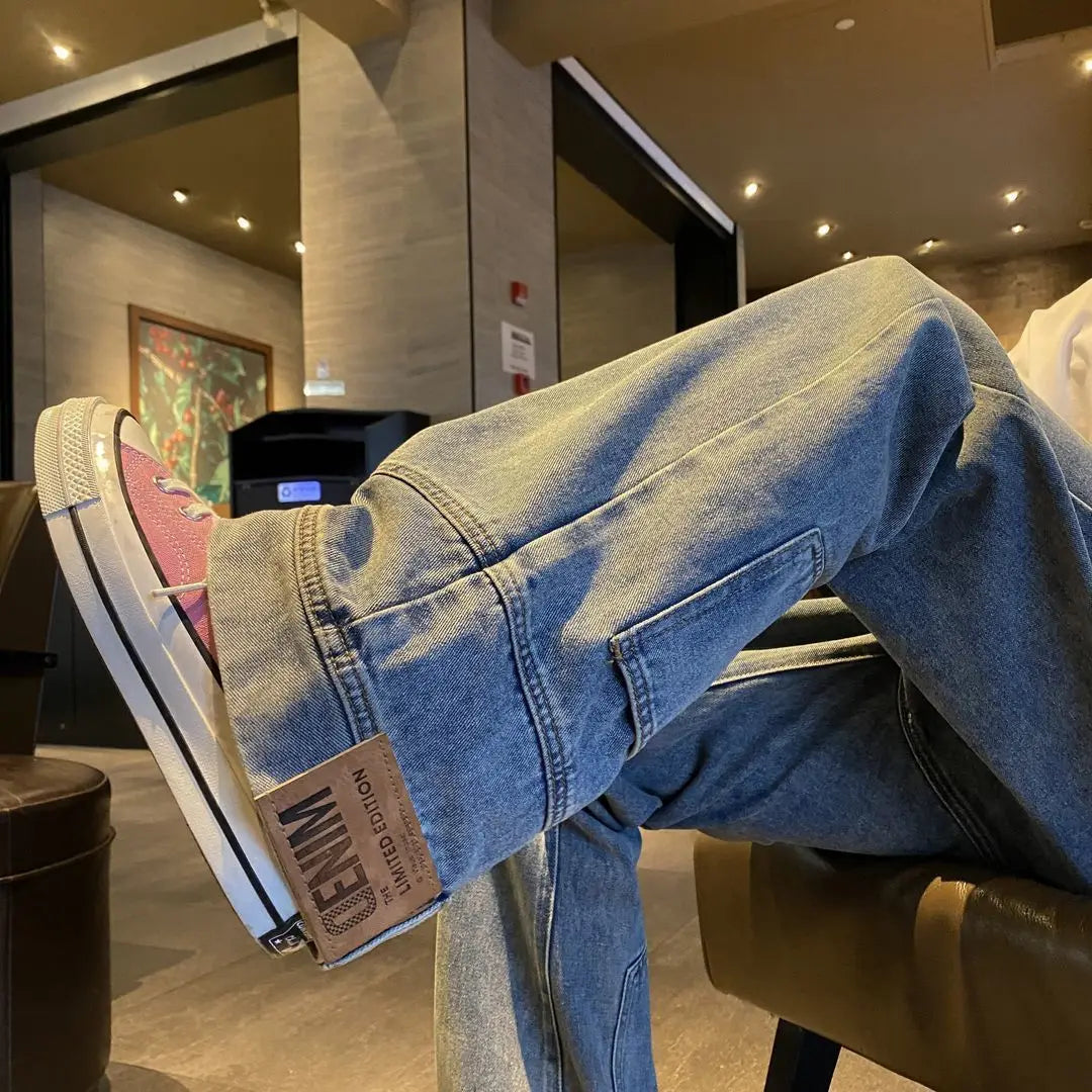 autumn vintage high street straight washed denim jeans for men and women trendy hip hop personality inverted loose casual pants ripped baggy denim