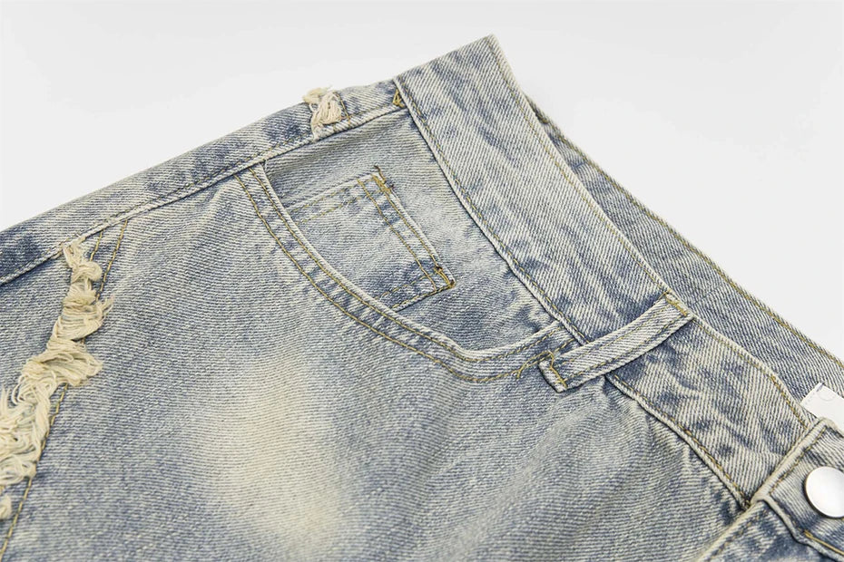 vintage ripped patchwork baggy jeans mens streetwear hip hop loose blue jeans trousers y2k distressed straight denim pants man unique jeans style 4218