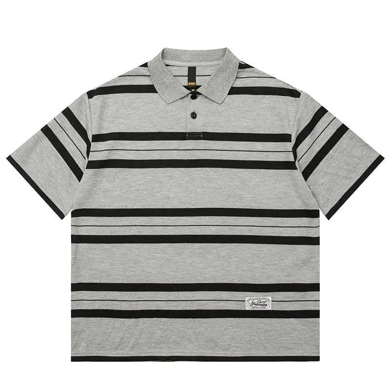 Summer Korean Personalized Men's Retro POLO Shirt Gray and Black Striped Breathable Men's Women's Y2K Summer Half-sleeved Top Street King Limited