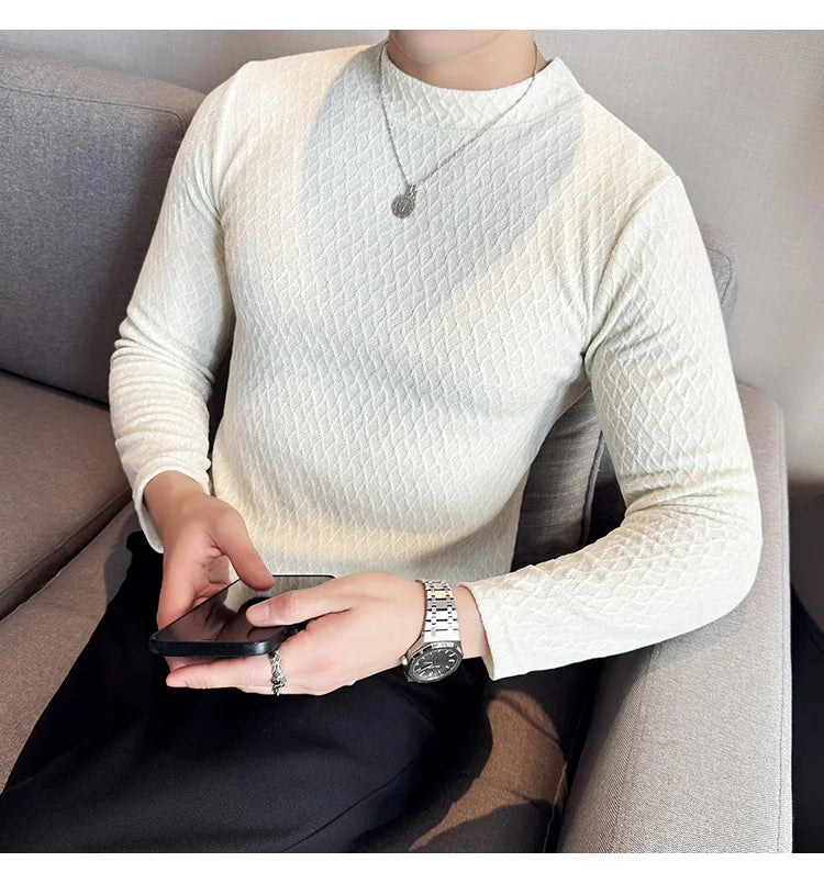 Autumn Winter Semi-turtleneck Stretch Slim Fit Long Sleeve Tshirt Men Thicken Velvet Jacquard Casual T-shirt Bottom T Shirt Street King Limited