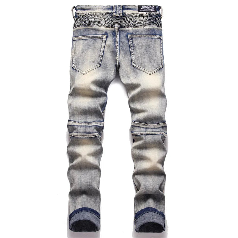 distressed washed pleated denim jean pants new fashion biker jeans streetwear casual slim pants jogger y2k mens skinny joggers unique joggers style 3134