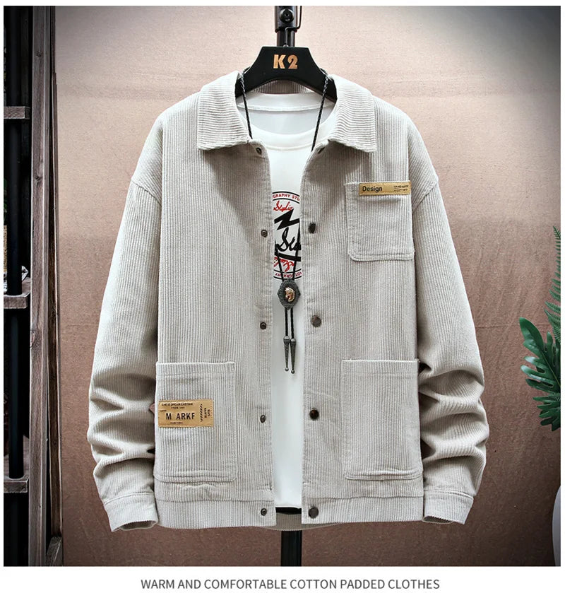 Streetwear Spring Appliques Long Sleeve Corduroy Shirts For Men Button Patchwork 2025 Spring Appliques Long Sleeve Corduroy Shirts For Men Button Patchwork Turn Down Collar Cargo Shirt Korean Fashion Jackets Fashion Sweater Jacket With Graphic Design For Men