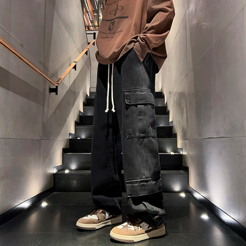 Washed Distressed Cargo Pants High Street Style Men's Jeans Side Pockets Denim Wide-leg Trousers Casual Loose Trousers Street King Limited