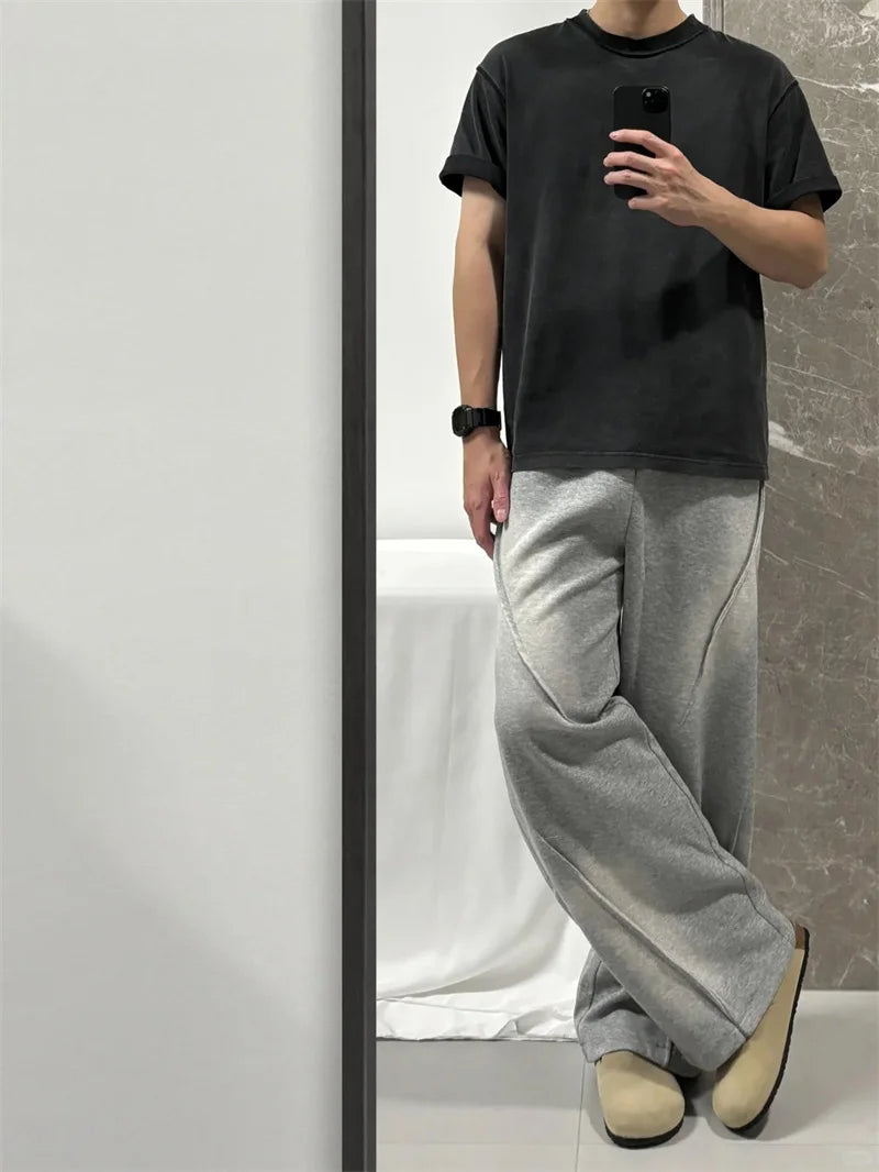 autumn mens high street pleated straight pants korean fashion elastic waist pockets trousers y2k vintage pantalones hombre unique default style 729