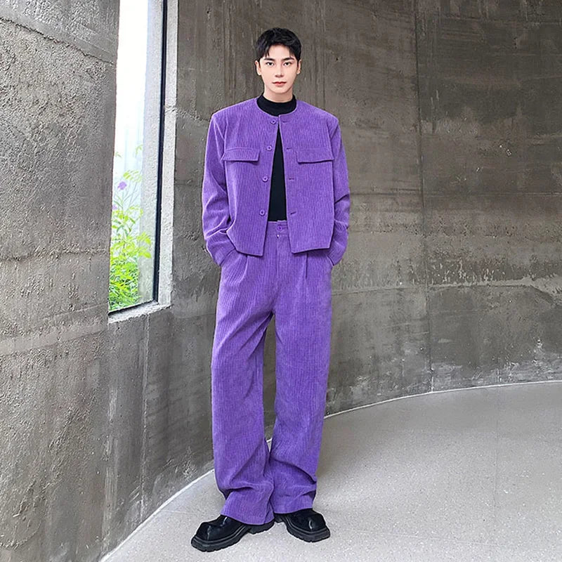 men 2 pieces sets corduroy short jacket wide leg pant suits korean streetwear fashion loose casual retro coat baggy trousers unique shorts style 2705
