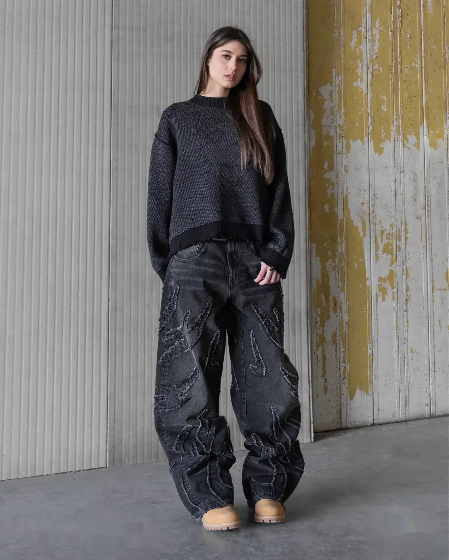 vintage y2k hip hop punk raw edge embroidery jeans black baggy jeans for men pattern patchwork high waisted denim pants stacked flare jeans
