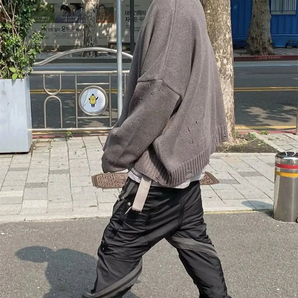 Undermycar 2023 New High Street Fashion Brand Worn Out Hole Large Loose Round Neck Sweater Brown Street King Limited