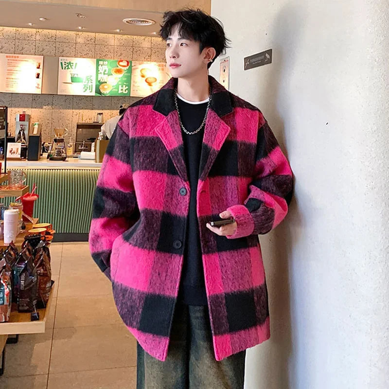 plaid woolen trenchcoat men autumn winter fashion retro streetwear suit collar loose casual trendy trench coat outerwear relaxed fit trousers