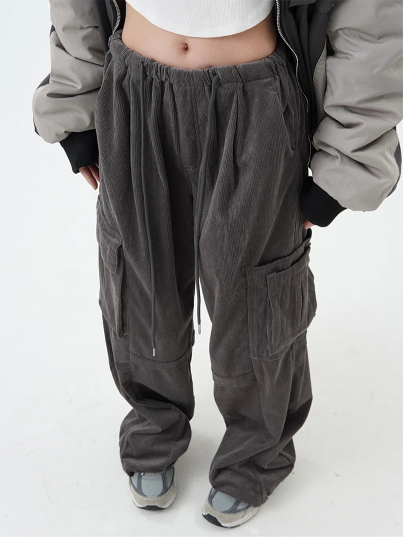 women high street corduroy pants casual elastic waist side pocket loose straight pant unisex hip hop y2k loose streetwear jogger streetwear sweatpants