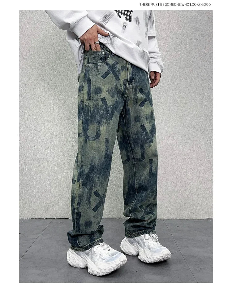men loose casual american high street hip hop vibe printed denim baggy jeans pants man streetwear ripped jeans trousers unique jeans style 2979