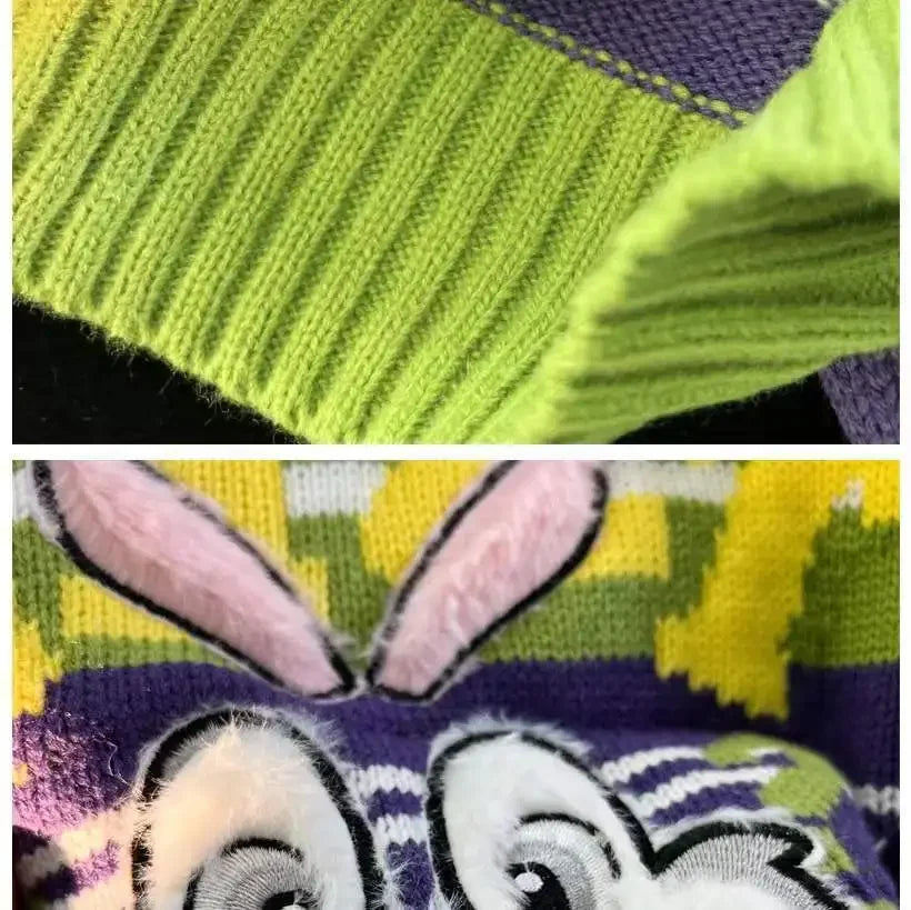 Sweet cool bunny striped knitted sweater for women in autumn and winter loose outer wear lazy style soft and waxy milk kawaii Street King Limited
