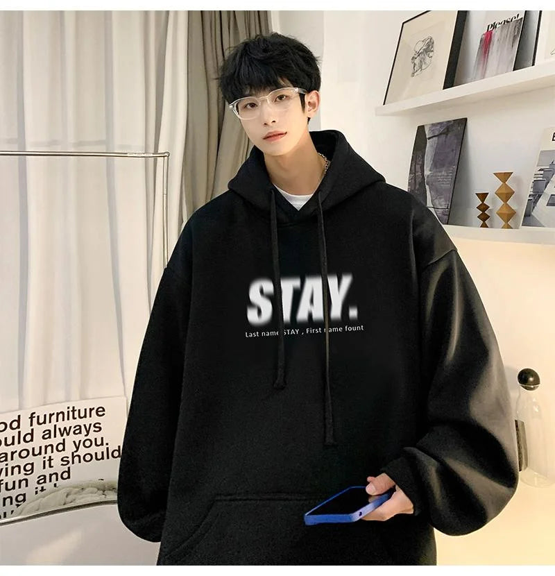 New in Letter STAY Print Sweatshirts Men Casual Vintage Fleece Pullovers Hoodies Autumn Y2K Streetwear Baggy Hoody Clothes Street King Limited