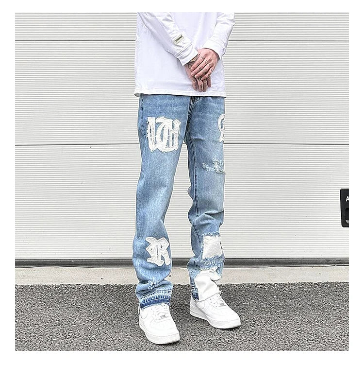 letters patckwork bottom ripped denim jeans men casual straight biker trousers fashion streetwear hip hop jean pants joggers unique joggers style 2723