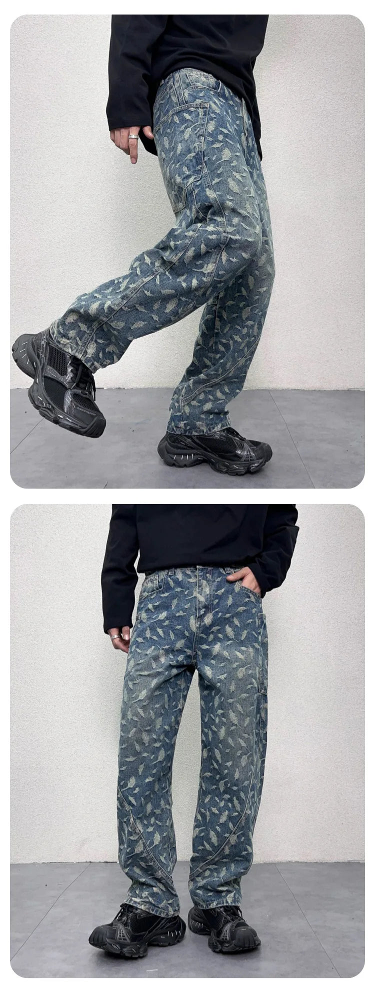 men jacquard loose casual hip hop vibe splice pocket denim baggy jeans pants man streetwear ripped jeans trousers boyfriend unique jeans style 2996