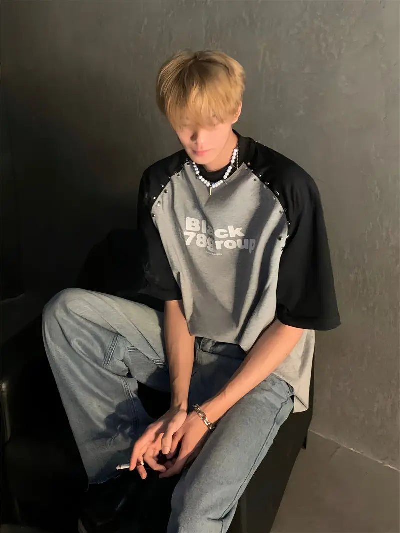 Trendy brand Korean splicing plug-in short-sleeved T-shirt men's summer design niche silver diamond design letter print y2k top Street King Limited