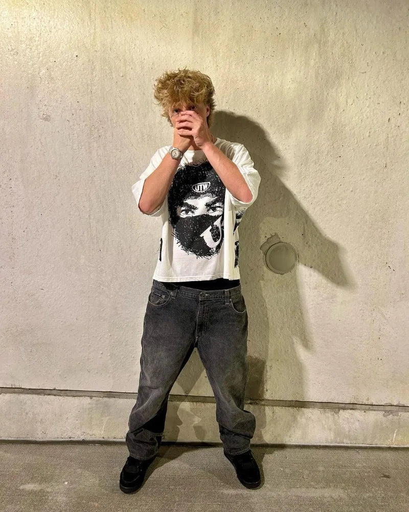 Summer Gothic Trendy Brand Rock Hip-hop New T-shirt Men Y2k American Street Retro Anime Print Oversized Short-sleeved Tops Women Street King Limited