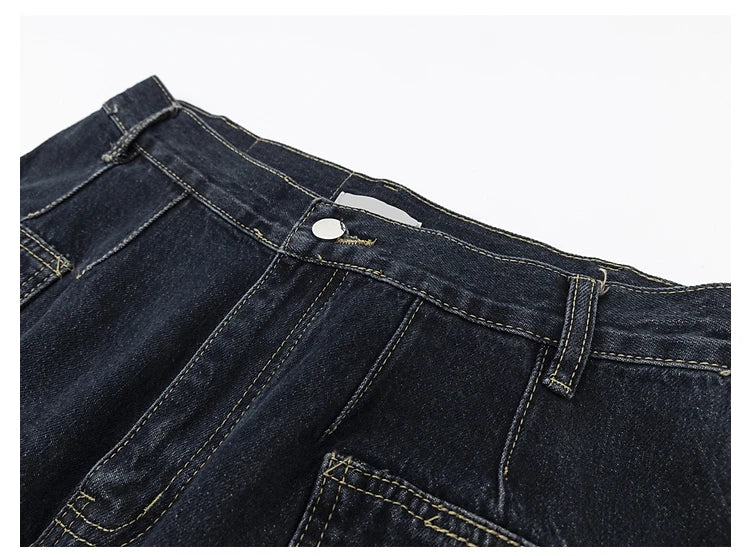 fashion punk rings streetwear loose pants unisex casual multiple pockets wide legs jean pants hip hop joggers men baggy jeans unique joggers style 496