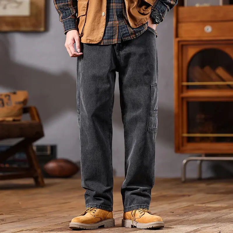men retro fashion streetwear loose casual plus size straight denim cargo jeans pants man black gray jeans trousers unique cargo style 1852