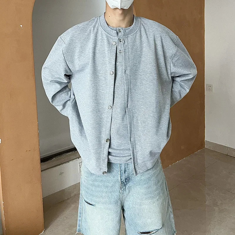 Streetwear New Casual Fake Two Piece Sweatshirts For Men Solid Color Henley Neck 2024 New Casual Fake Two Piece Sweatshirts For Men Solid Color Henley Neck Button Jackets Korean Fashion Loose Y2K Sudaderas Fashion Sweater Jacket With Graphic Design For Men