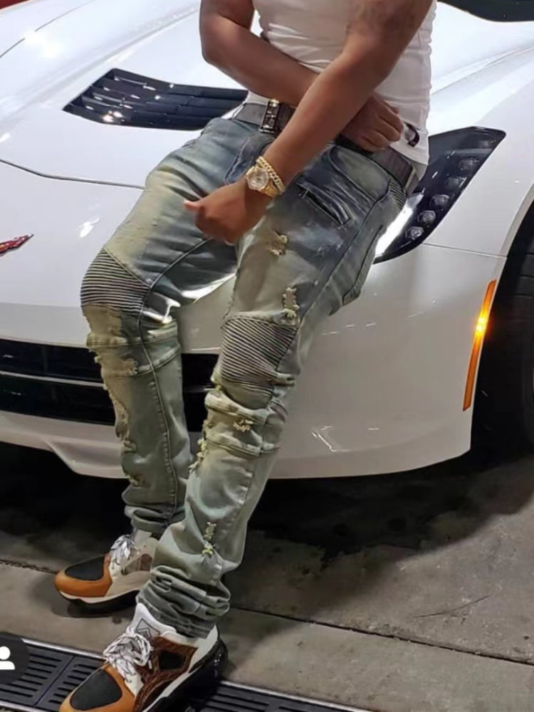 distressed washed pleated denim jean pants new fashion biker jeans streetwear casual slim pants jogger y2k mens skinny joggers unique joggers style 3132