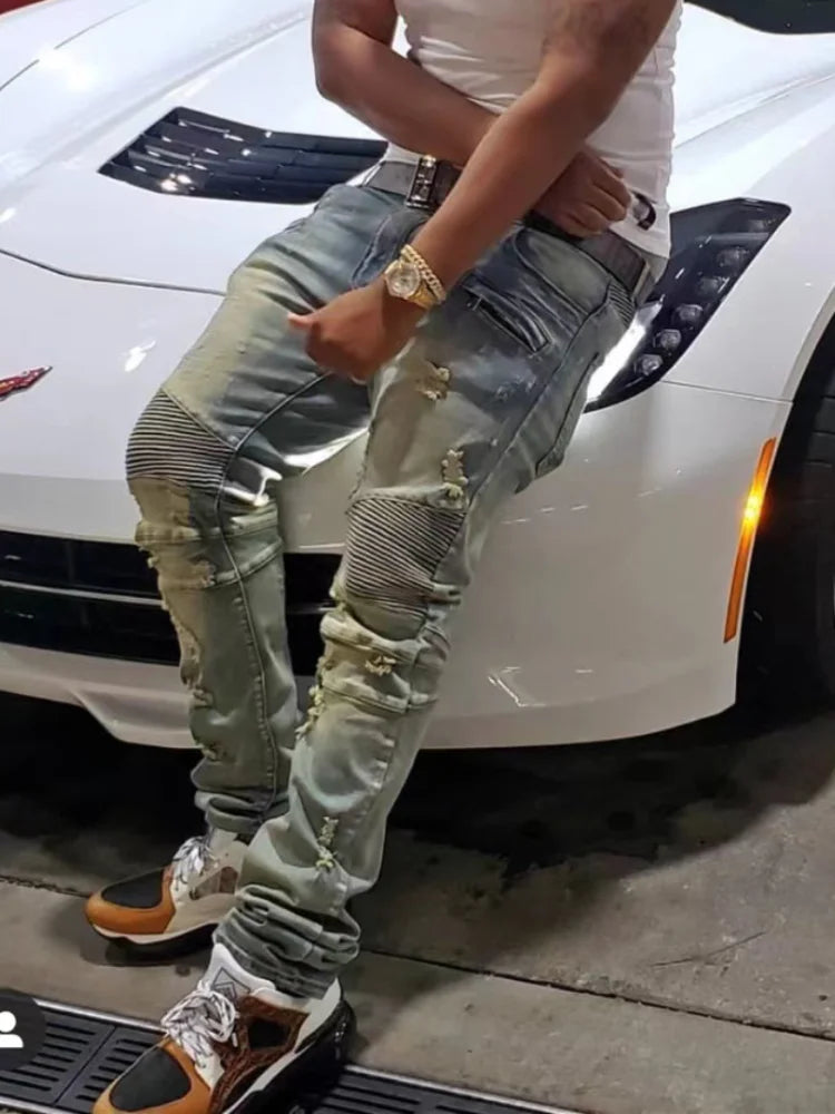 distressed washed pleated denim jean pants new fashion biker jeans streetwear casual slim pants jogger y2k mens skinny joggers urban active pants