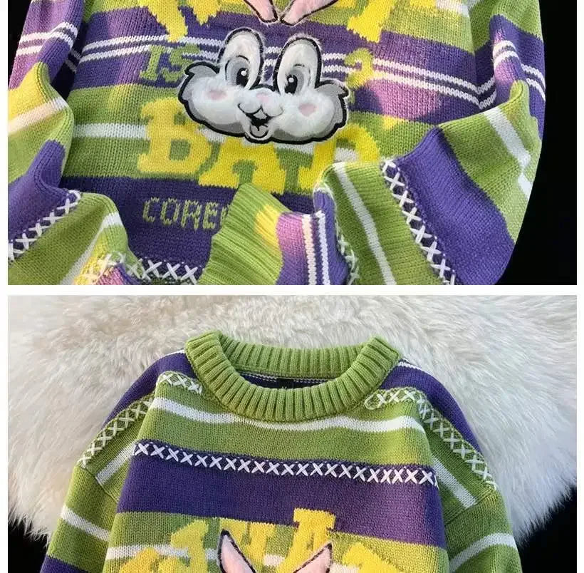 Sweet cool bunny striped knitted sweater for women in autumn and winter loose outer wear lazy style soft and waxy milk kawaii Street King Limited