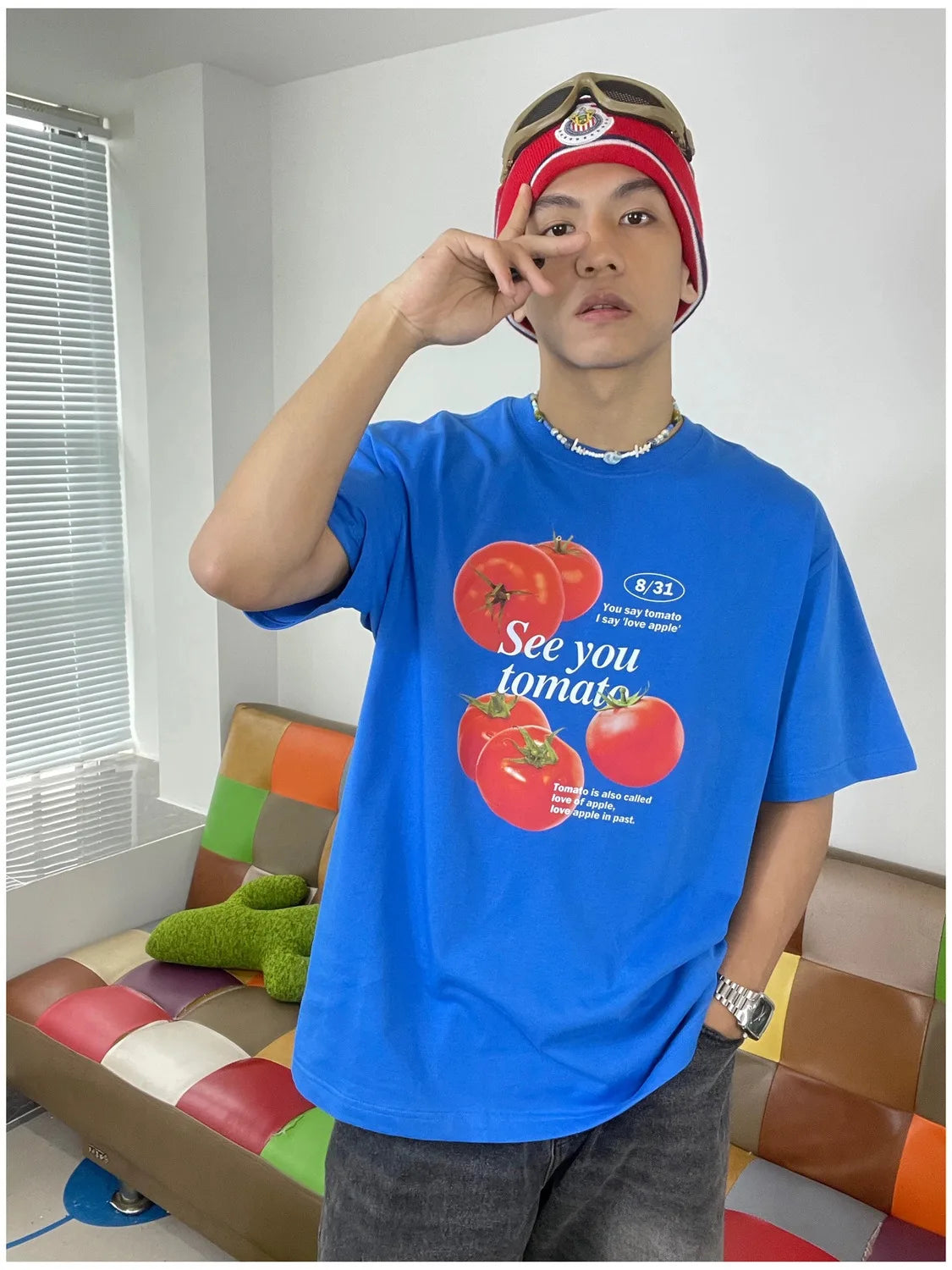 Tomato print pure cotton short-sleeved T-shirt, fun and cute men and women niche fashion brand Korean style college style top Street King Limited