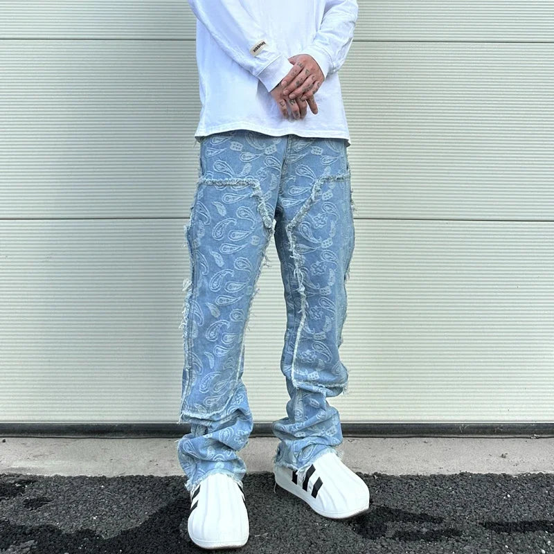vintage high street washed light blue flared jeans cashew flower jacquard pattern rough edge jeans pants for men and women ripped baggy denim