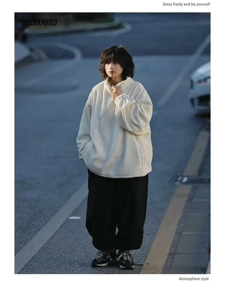 Men Women Winter Fleece Sweatshirt Korean Style Half High Collar Streetwear Oversized Couple Solid Color Autumn Warm Pullovers Street King Limited